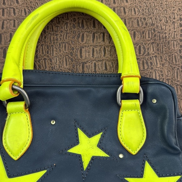 Princess Vera Wang Navy Blue Neon Yellow Star Print Satchel Bag Small Handbag - Picture 2 of 13